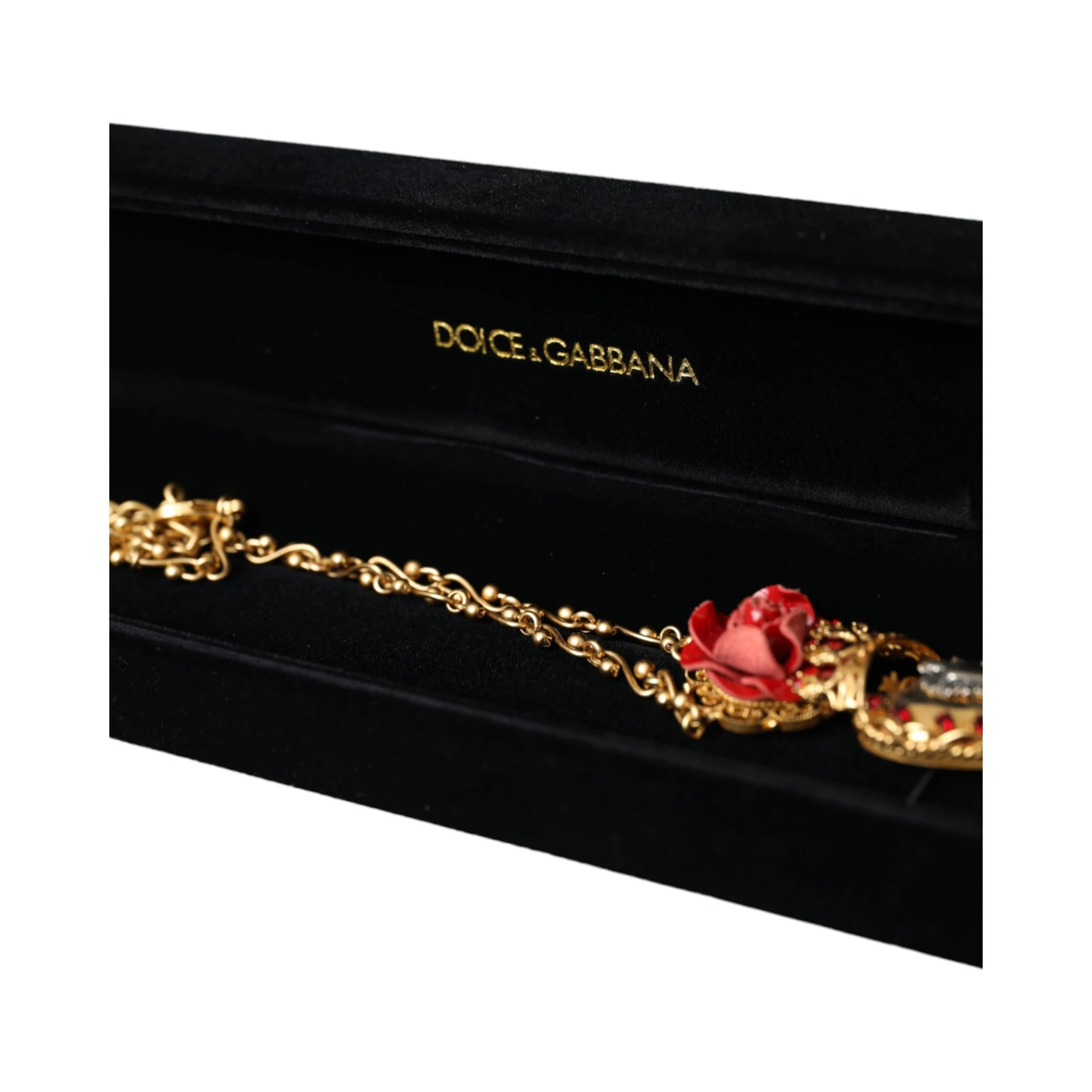 Gold BrassChain Sacred Heart Rose Crystal Charm Necklace