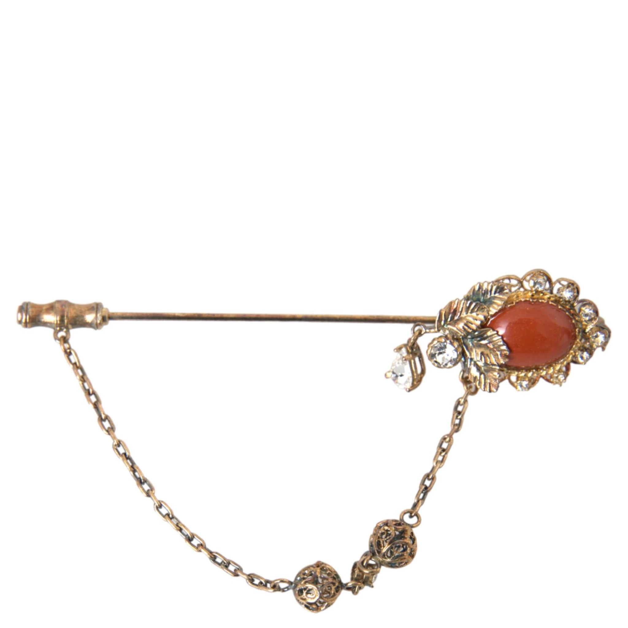 Gold Brass Crystal Chain 925 Sterling Silver Pin Brooch