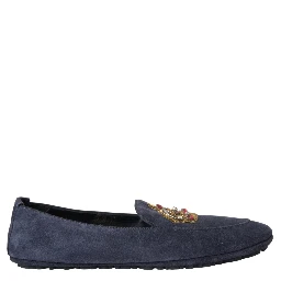 Blue Leather Suede Crystal Crown Loafers Shoes
