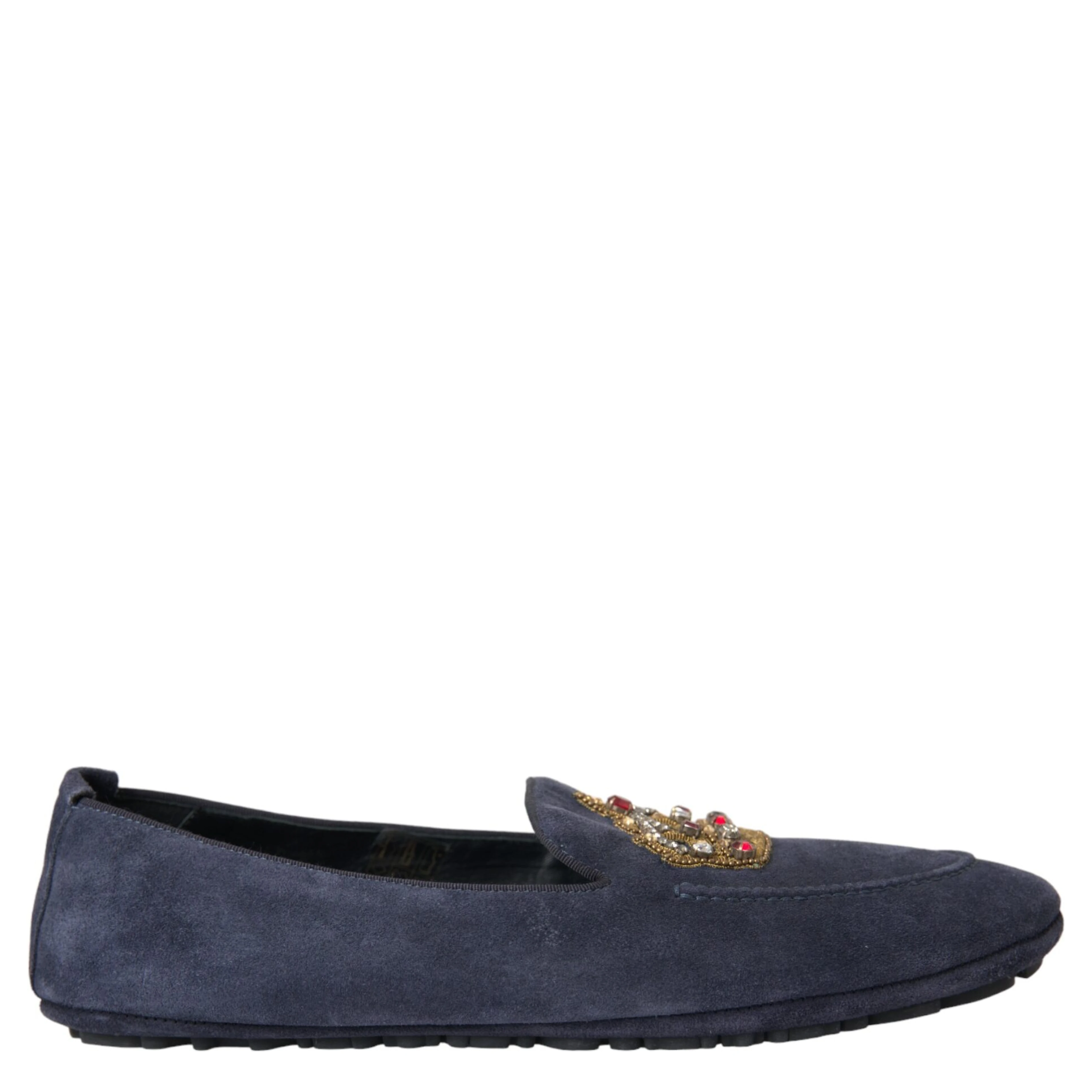 Blue Leather Suede Crystal Crown Loafers Shoes