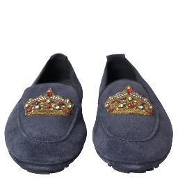 Blue Leather Suede Crystal Crown Loafers Shoes