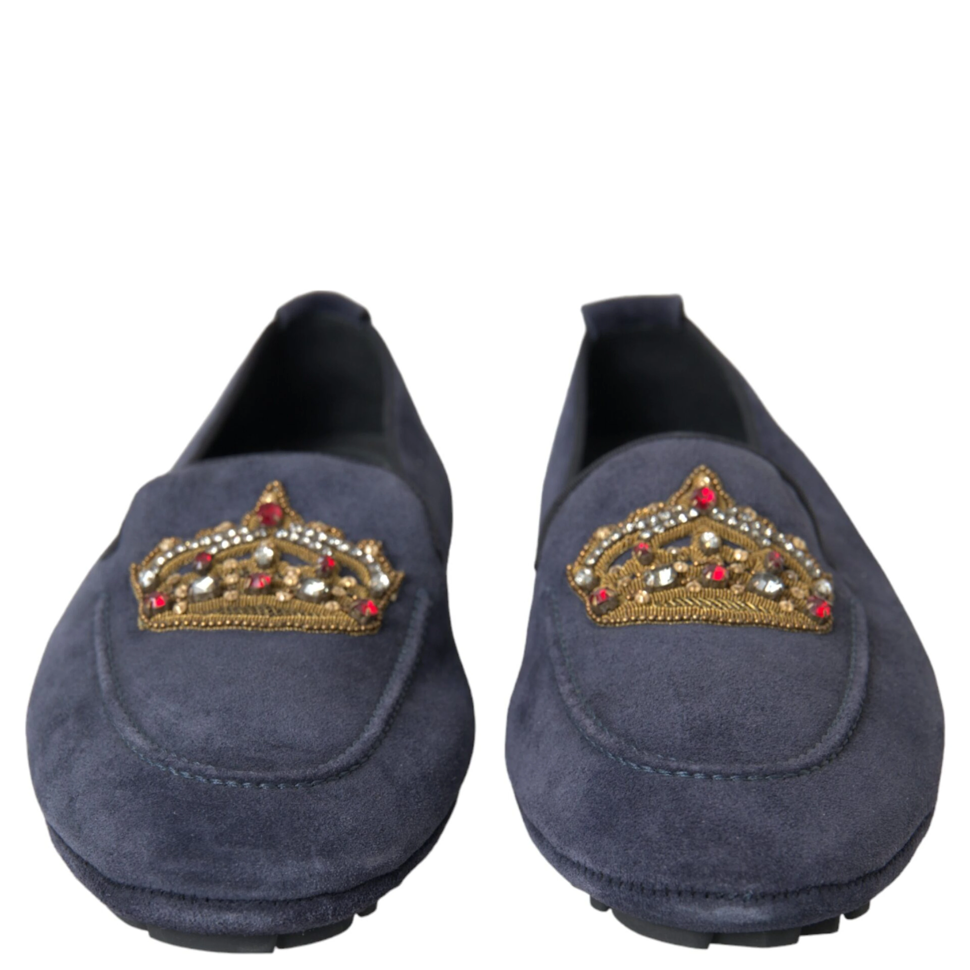 Blue Leather Suede Crystal Crown Loafers Shoes