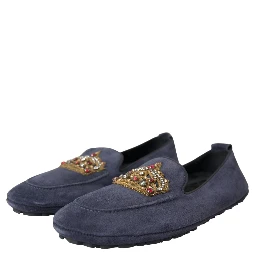 Blue Leather Suede Crystal Crown Loafers Shoes