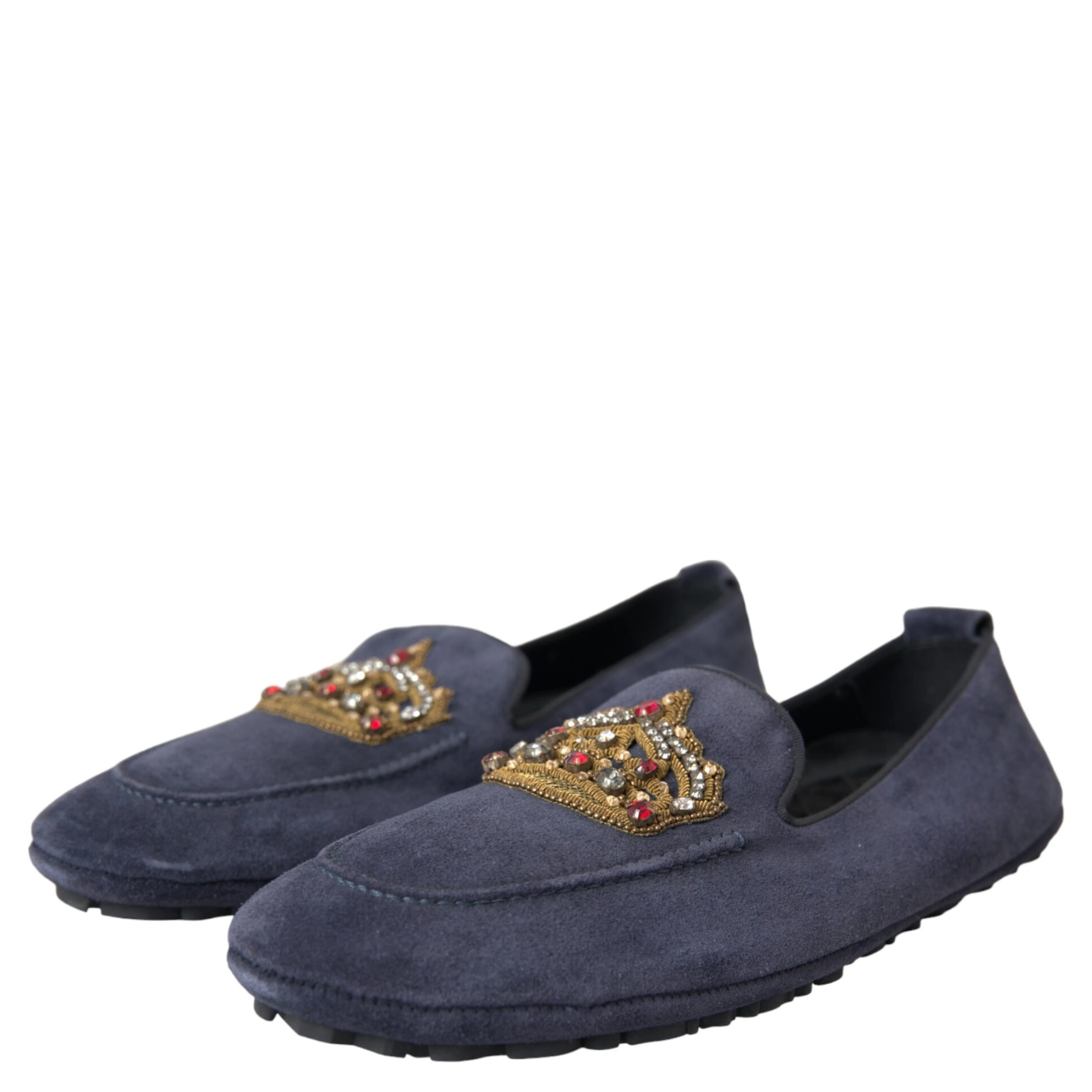Blue Leather Suede Crystal Crown Loafers Shoes