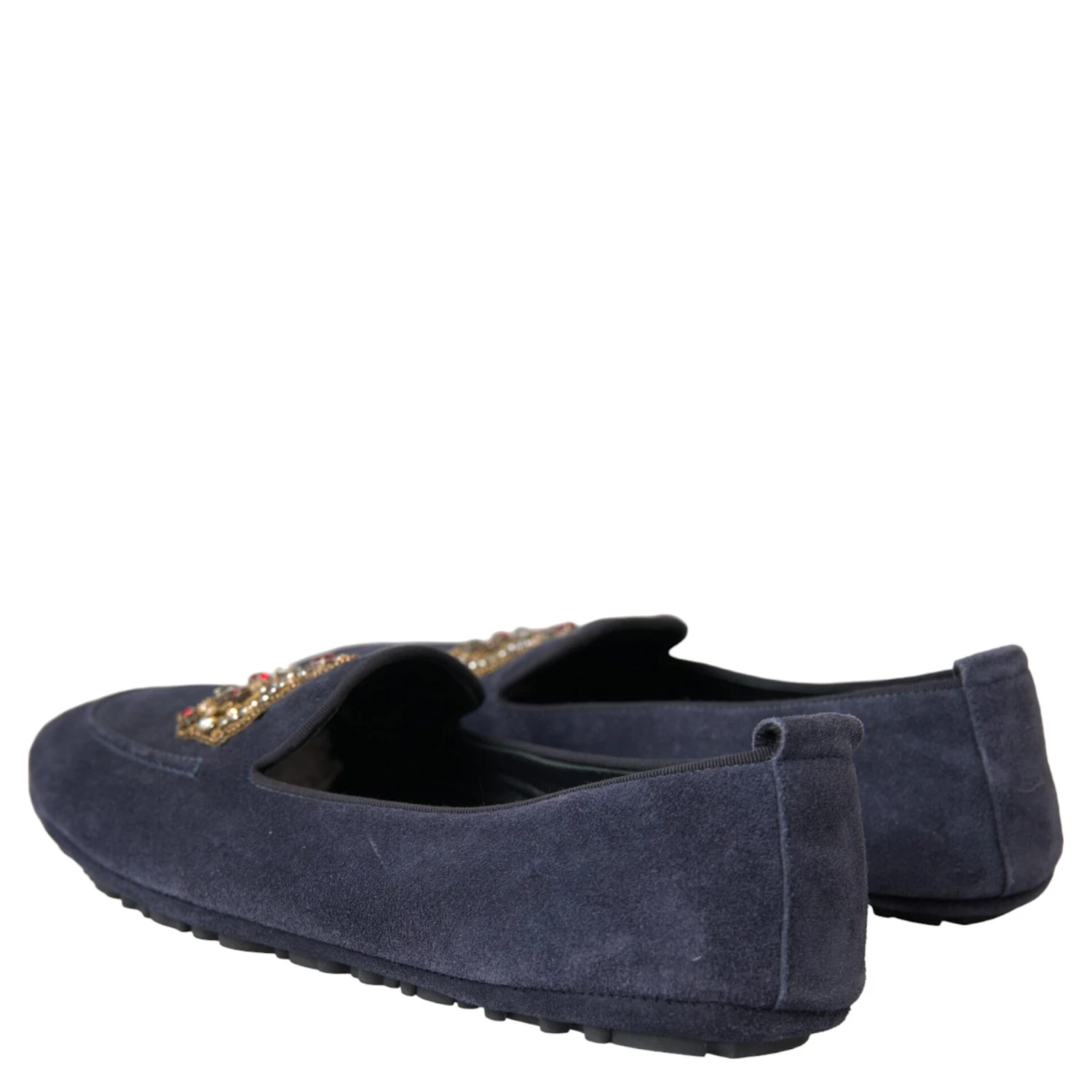 Blue Leather Suede Crystal Crown Loafers Shoes