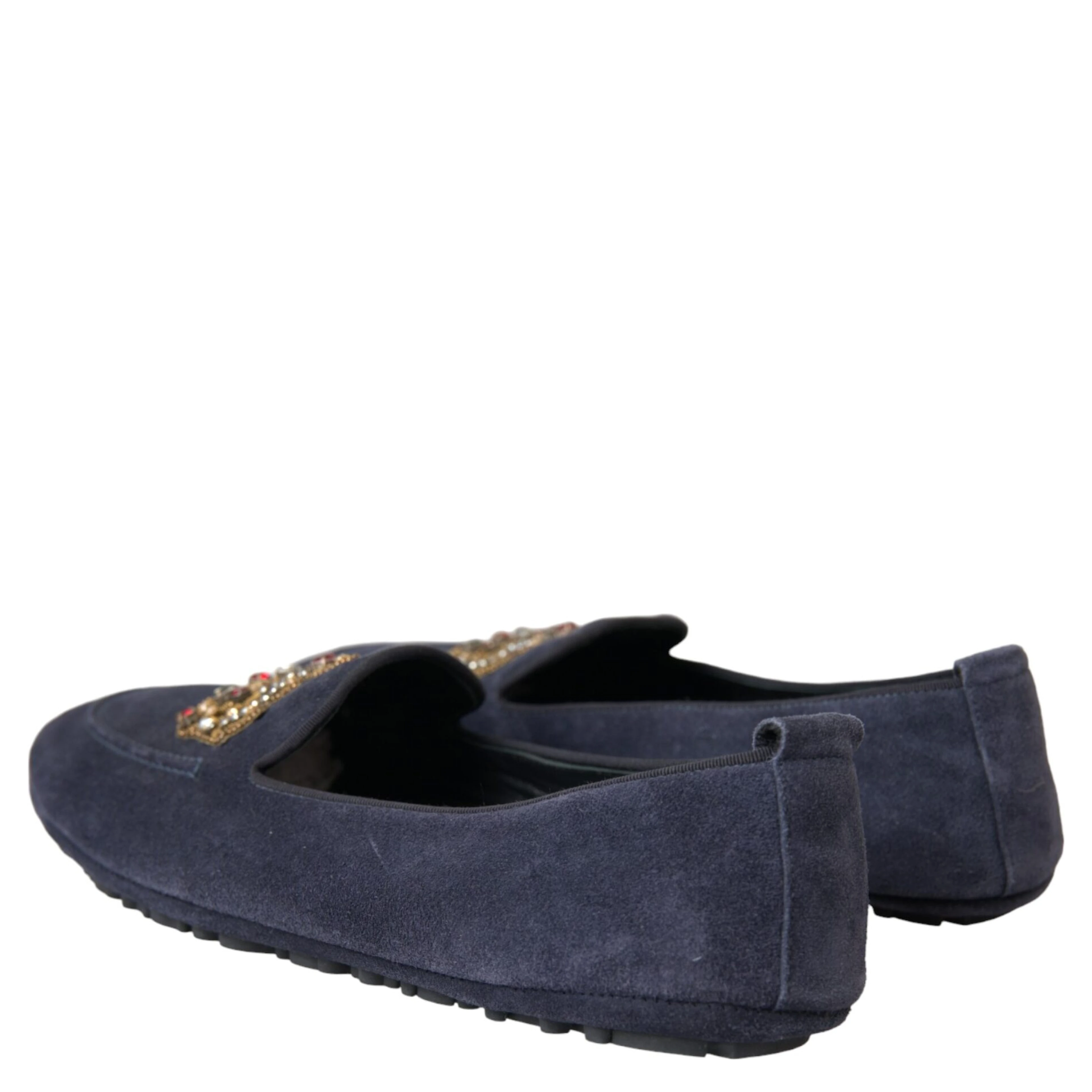 Blue Leather Suede Crystal Crown Loafers Shoes
