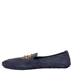 Blue Leather Suede Crystal Crown Loafers Shoes