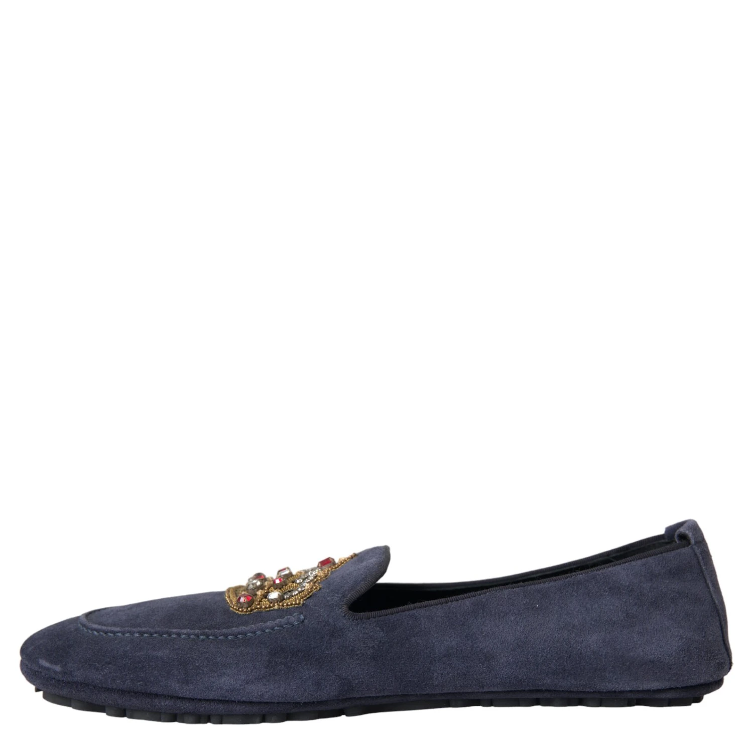 Blue Leather Suede Crystal Crown Loafers Shoes