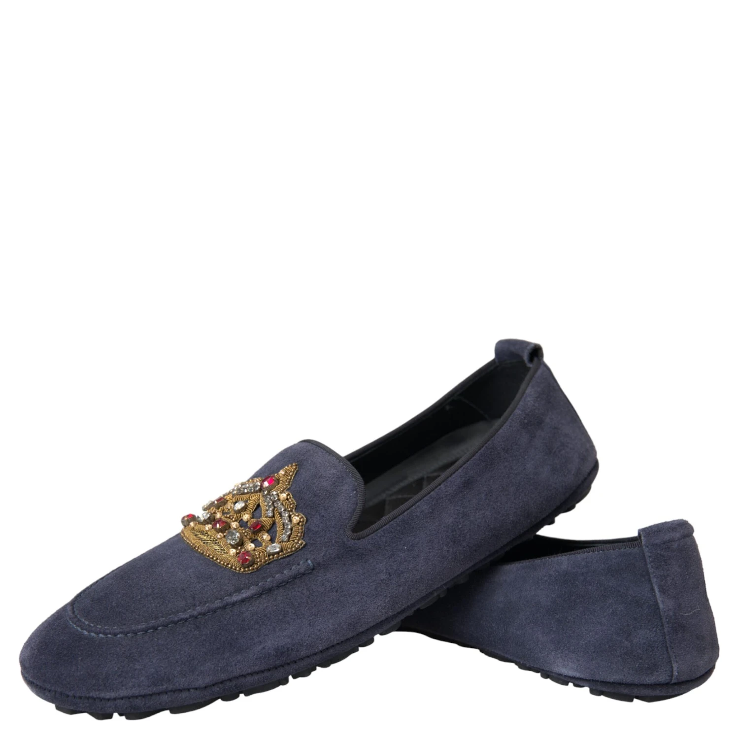 Blue Leather Suede Crystal Crown Loafers Shoes