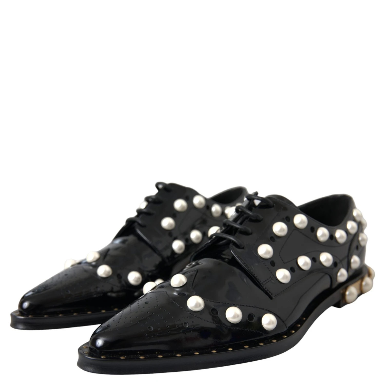 Black Leather Faux Pearl Dress Broque Shoes