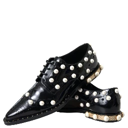 Black Leather Faux Pearl Dress Broque Shoes