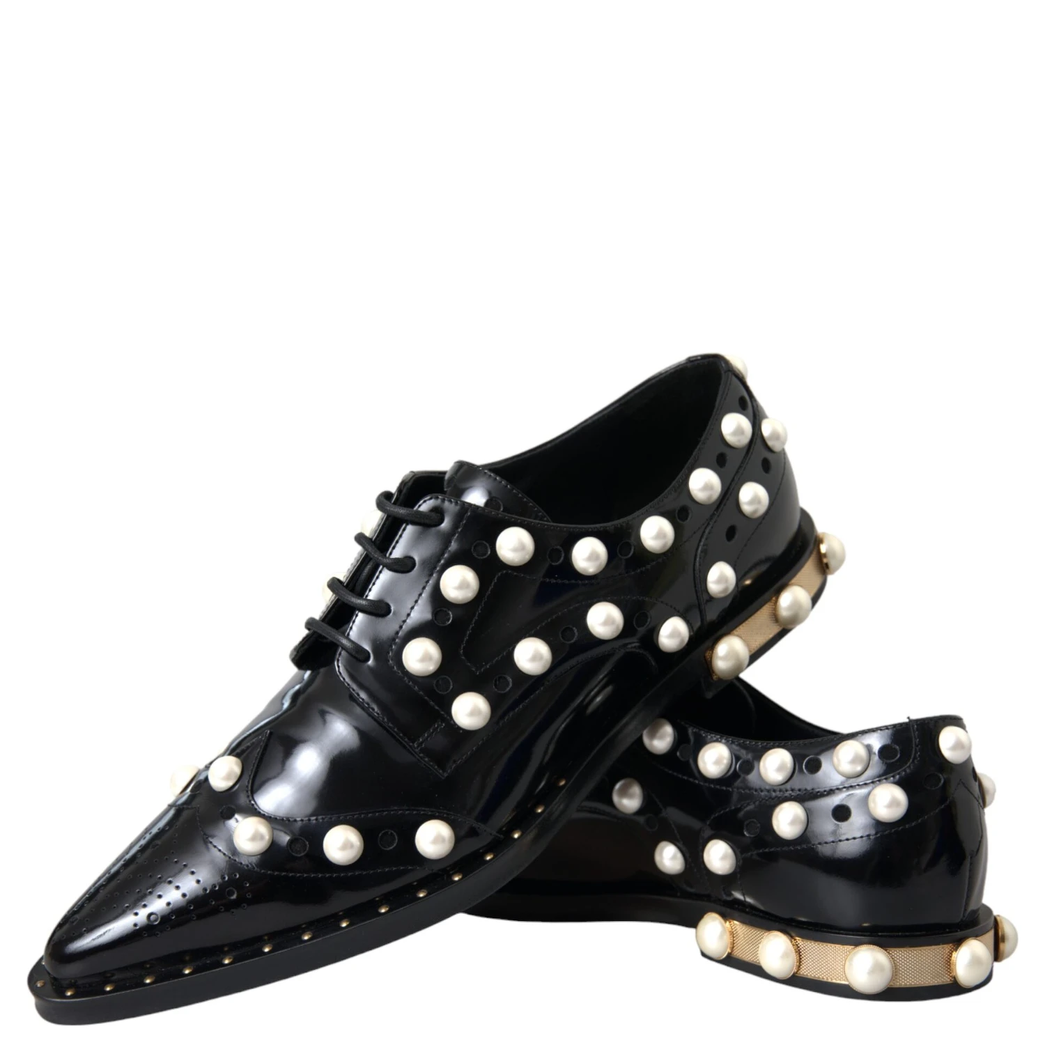 Black Leather Faux Pearl Dress Broque Shoes