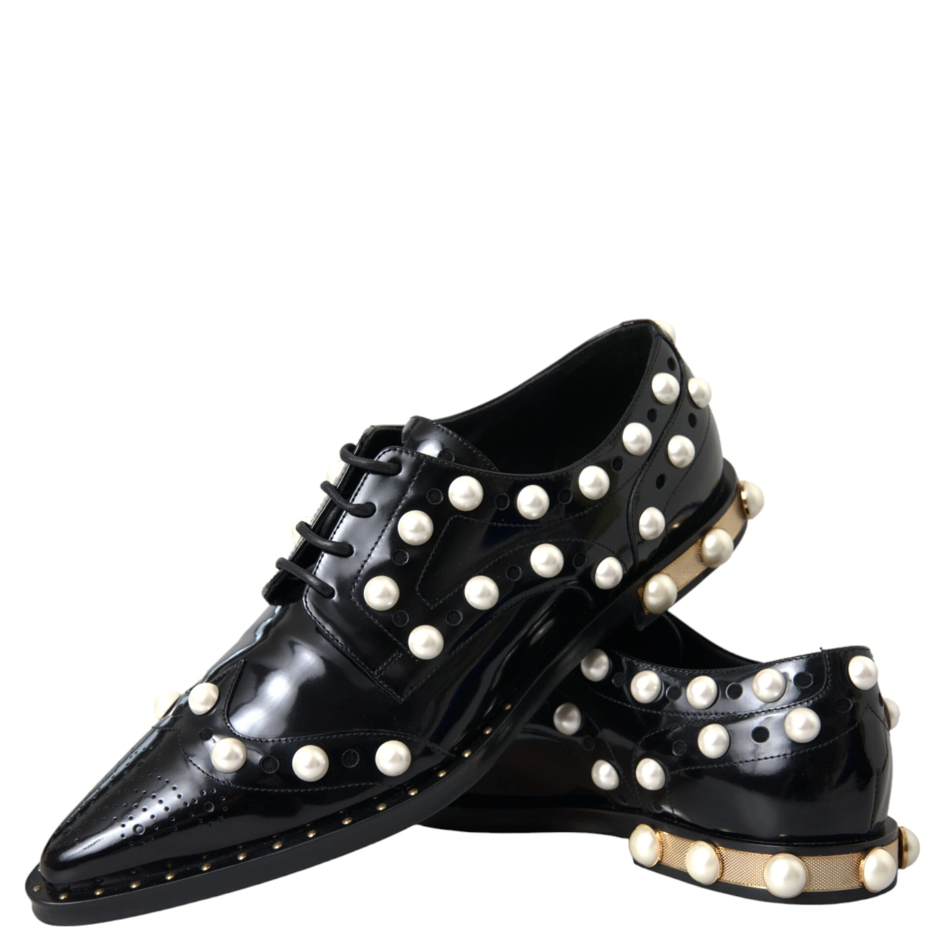 Black Leather Faux Pearl Dress Broque Shoes