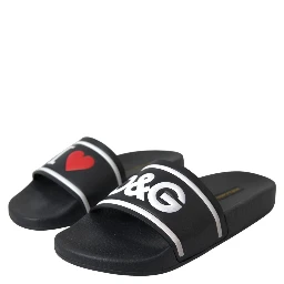 Black Leather I Love D&G Sandals Slides Shoes