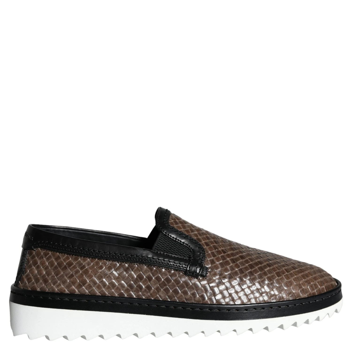 Brown Black Leather Weaved Men Loafers Shoes