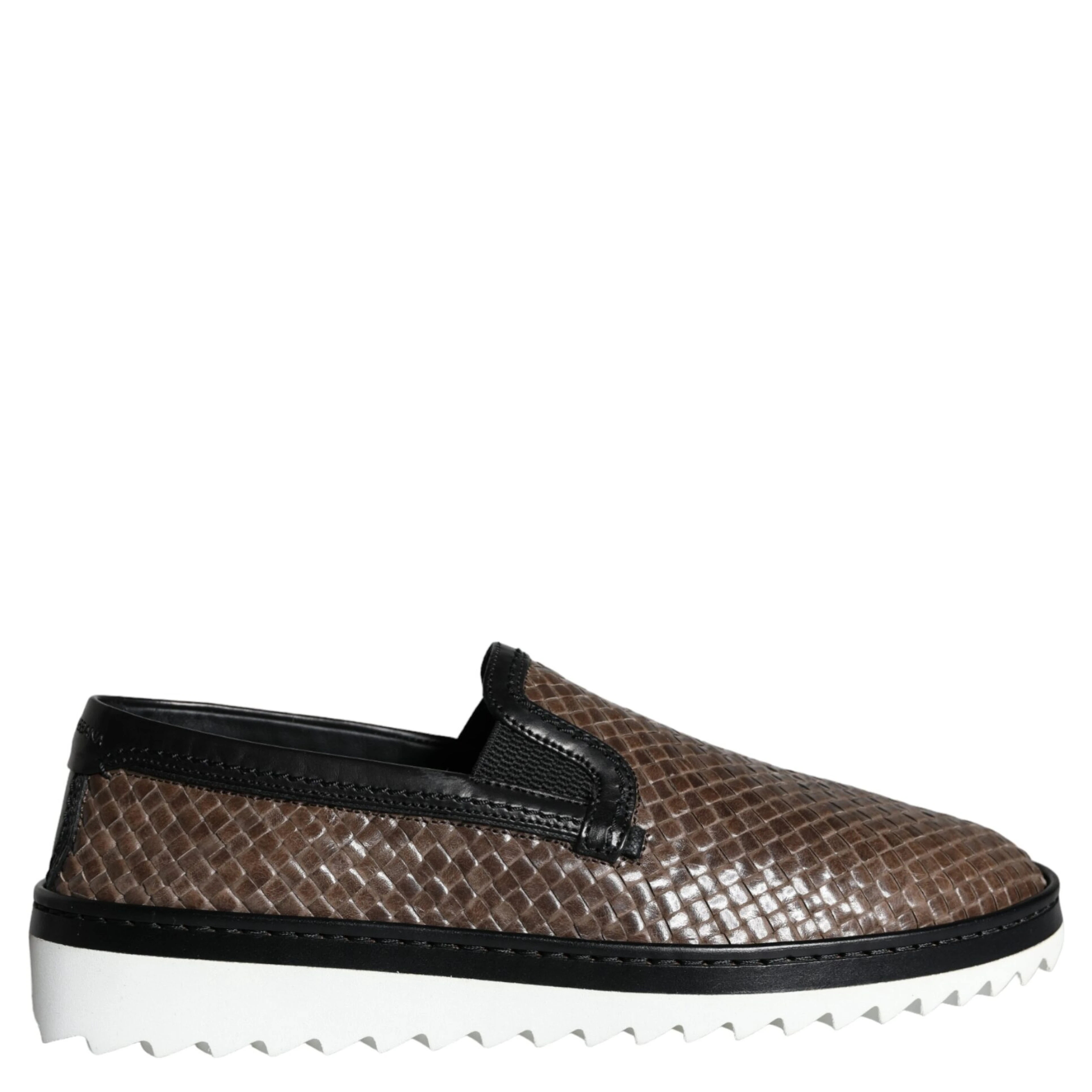 Brown Black Leather Weaved Men Loafers Shoes