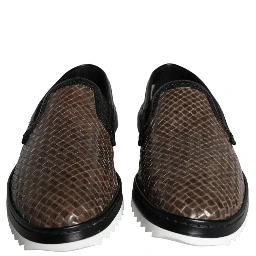 Brown Black Leather Weaved Men Loafers Shoes