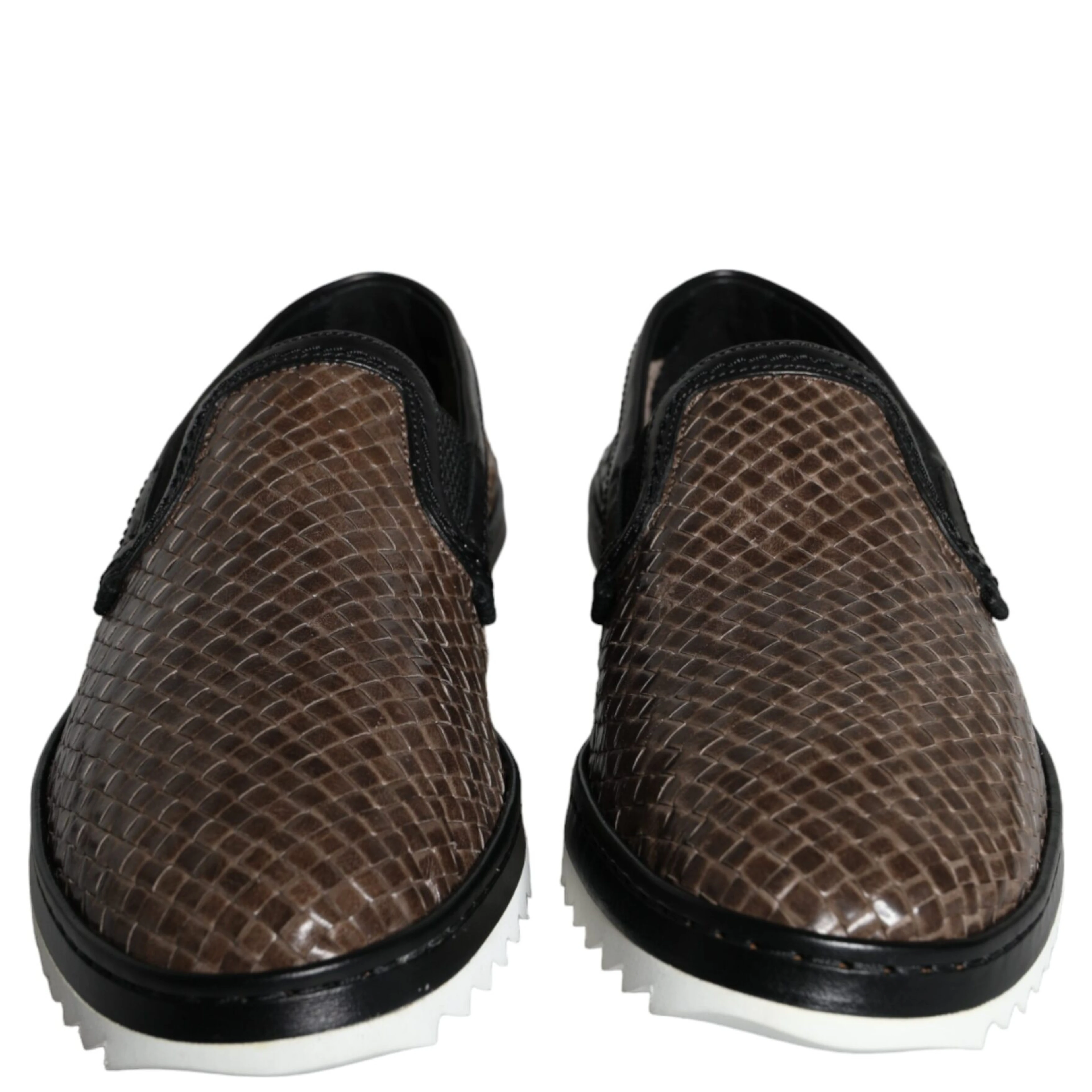 Brown Black Leather Weaved Men Loafers Shoes