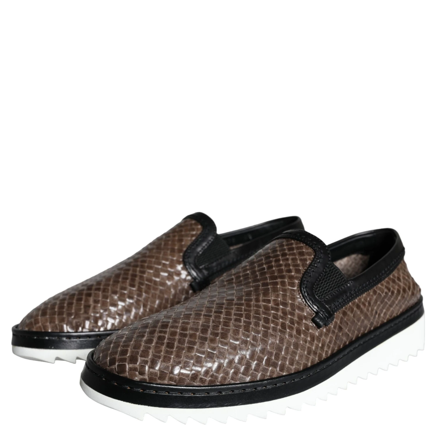 Brown Black Leather Weaved Men Loafers Shoes