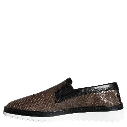 Brown Black Leather Weaved Men Loafers Shoes