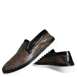 Brown Black Leather Weaved Men Loafers Shoes