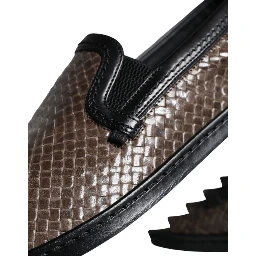 Brown Black Leather Weaved Men Loafers Shoes