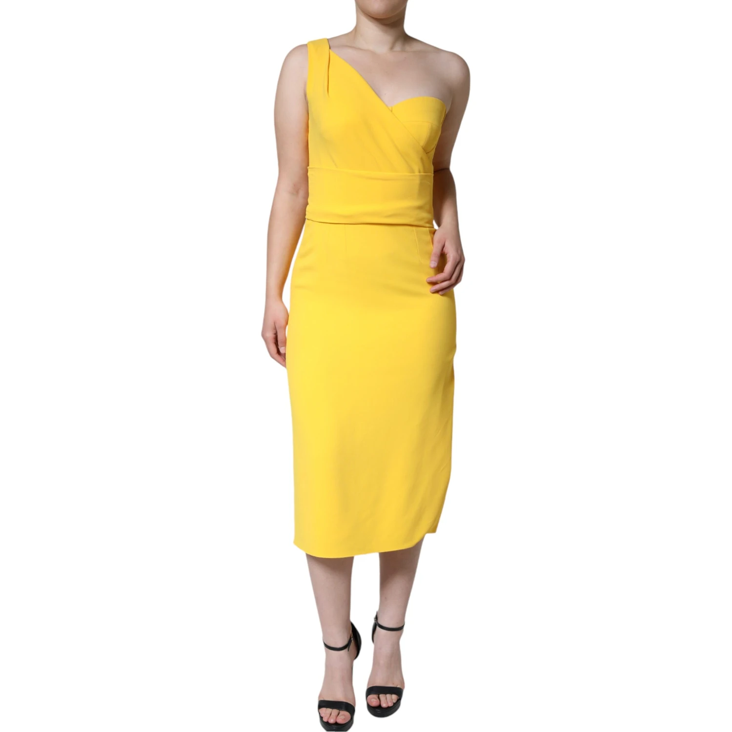 Yellow One Shoulder Side Slit Midi Dress