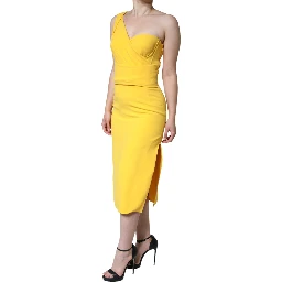 Yellow One Shoulder Side Slit Midi Dress