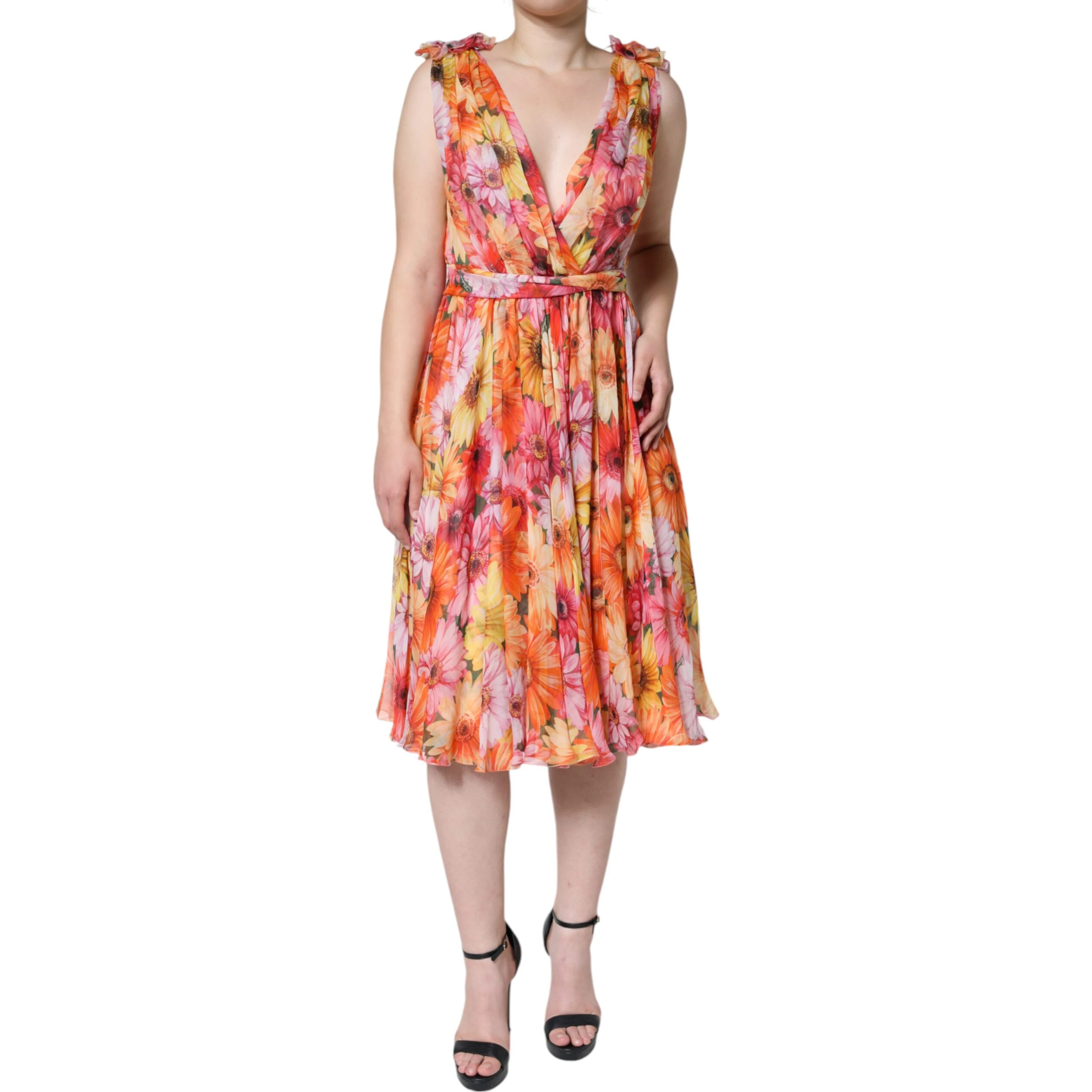 Multicolor Floral Sleeveless V-neck Midi Dress