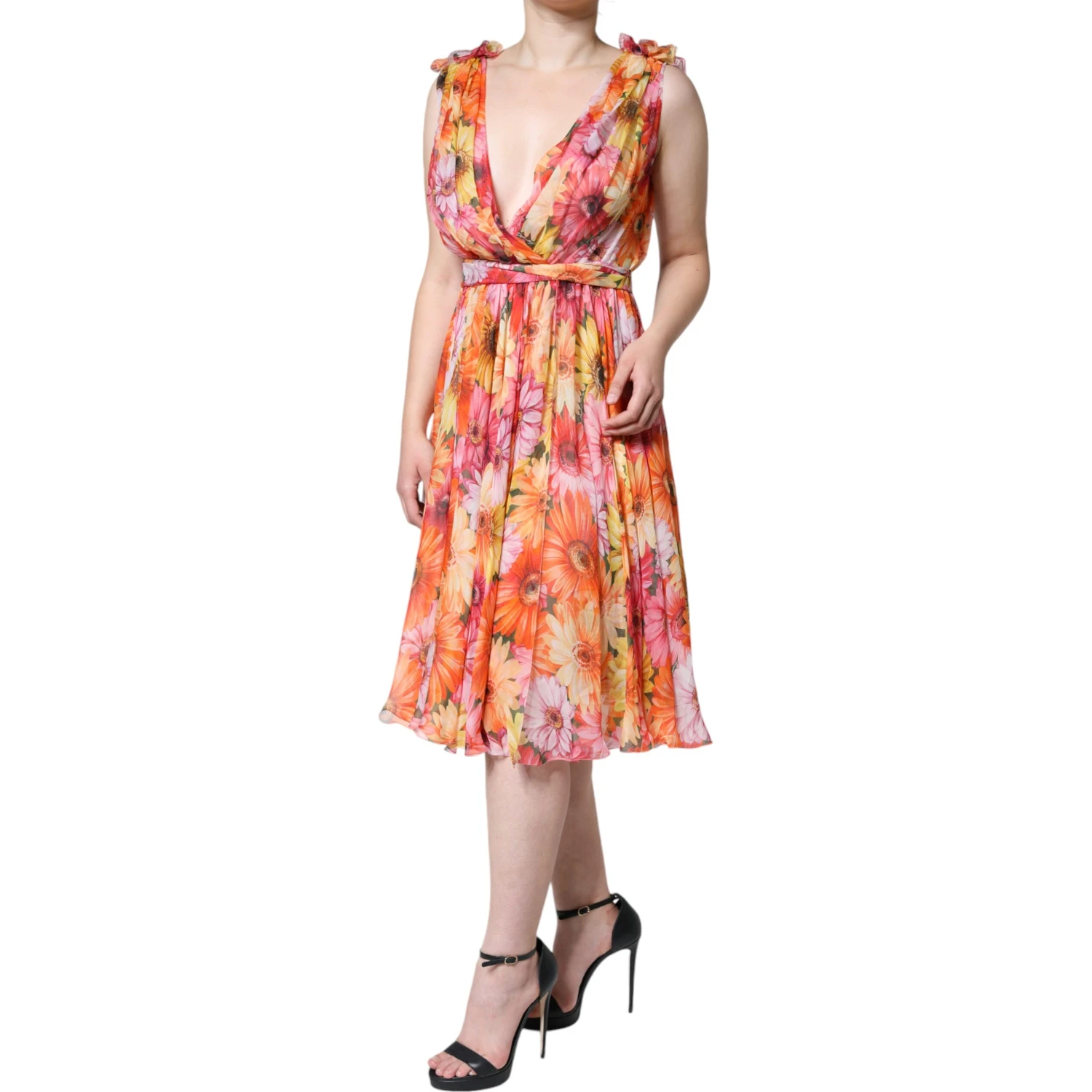 Multicolor Floral Sleeveless V-neck Midi Dress
