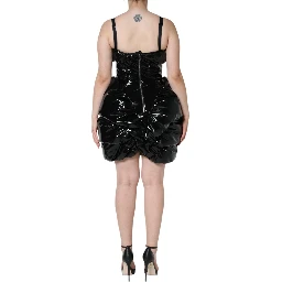 Black Polyester Ruched Coated Mini Dress