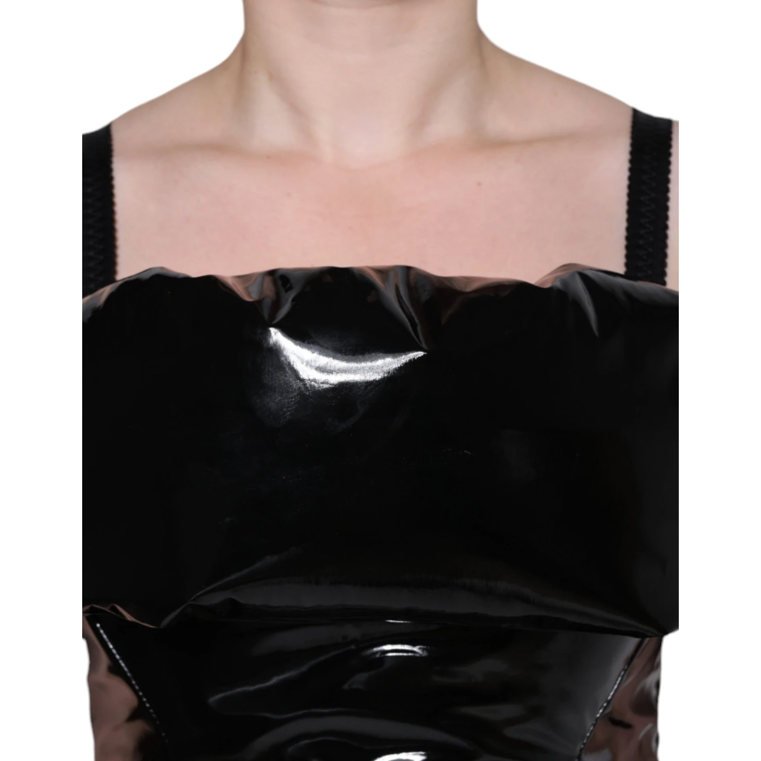 Black Polyester Ruched Coated Mini Dress