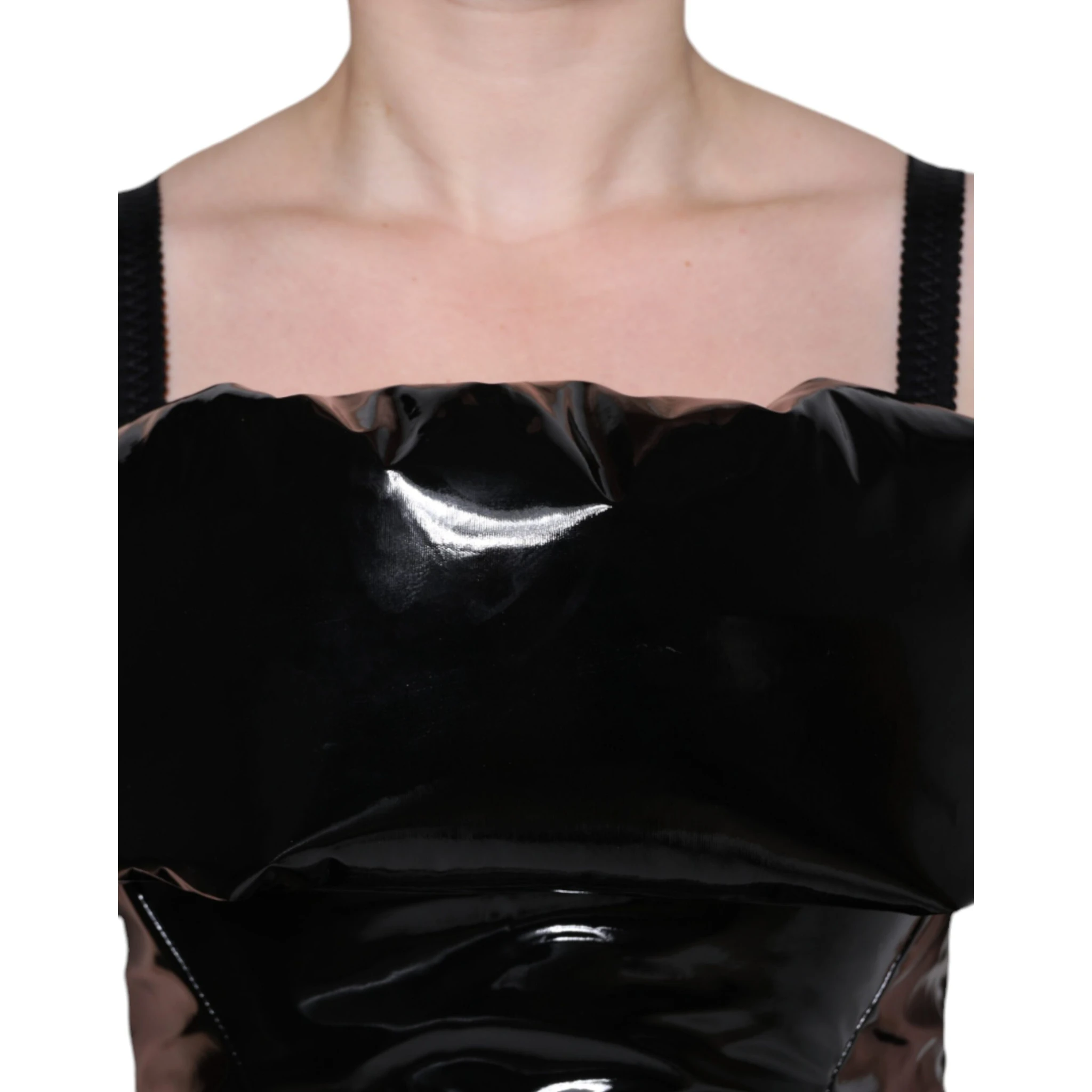 Black Polyester Ruched Coated Mini Dress