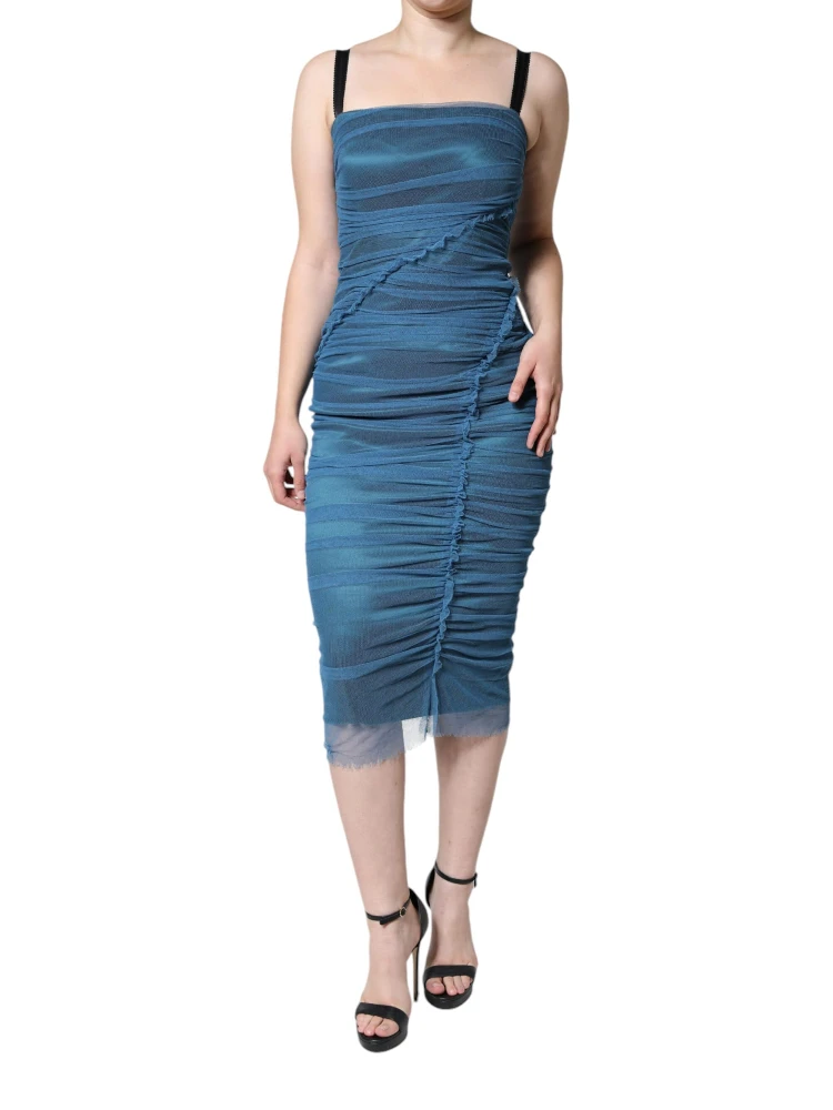 Blue Mesh Trim Ruched Tulle Sheath Dress alternative