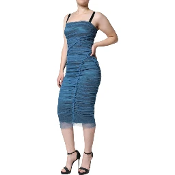 Blue Mesh Trim Ruched Tulle Sheath Dress