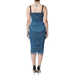 Blue Mesh Trim Ruched Tulle Sheath Dress
