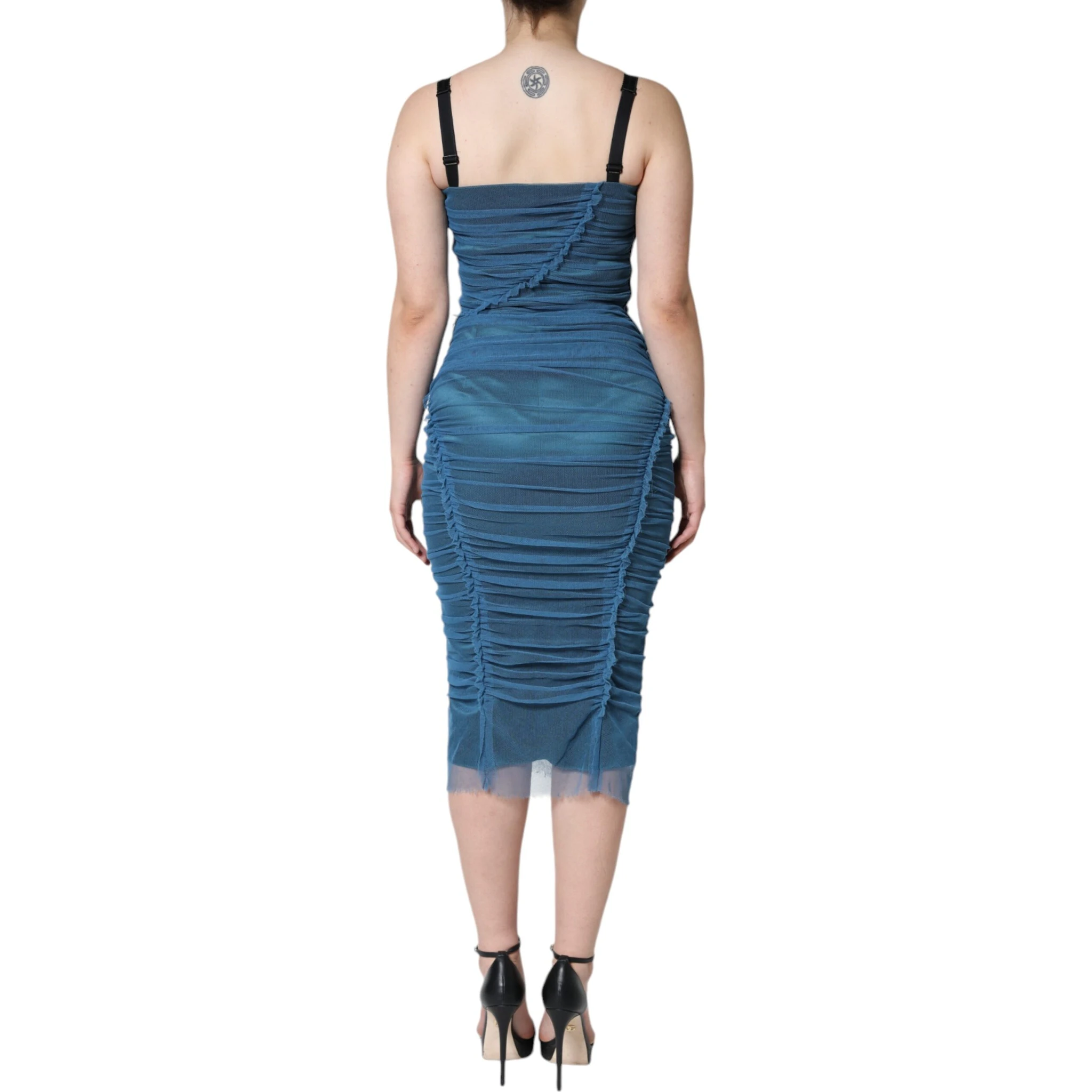 Blue Mesh Trim Ruched Tulle Sheath Dress