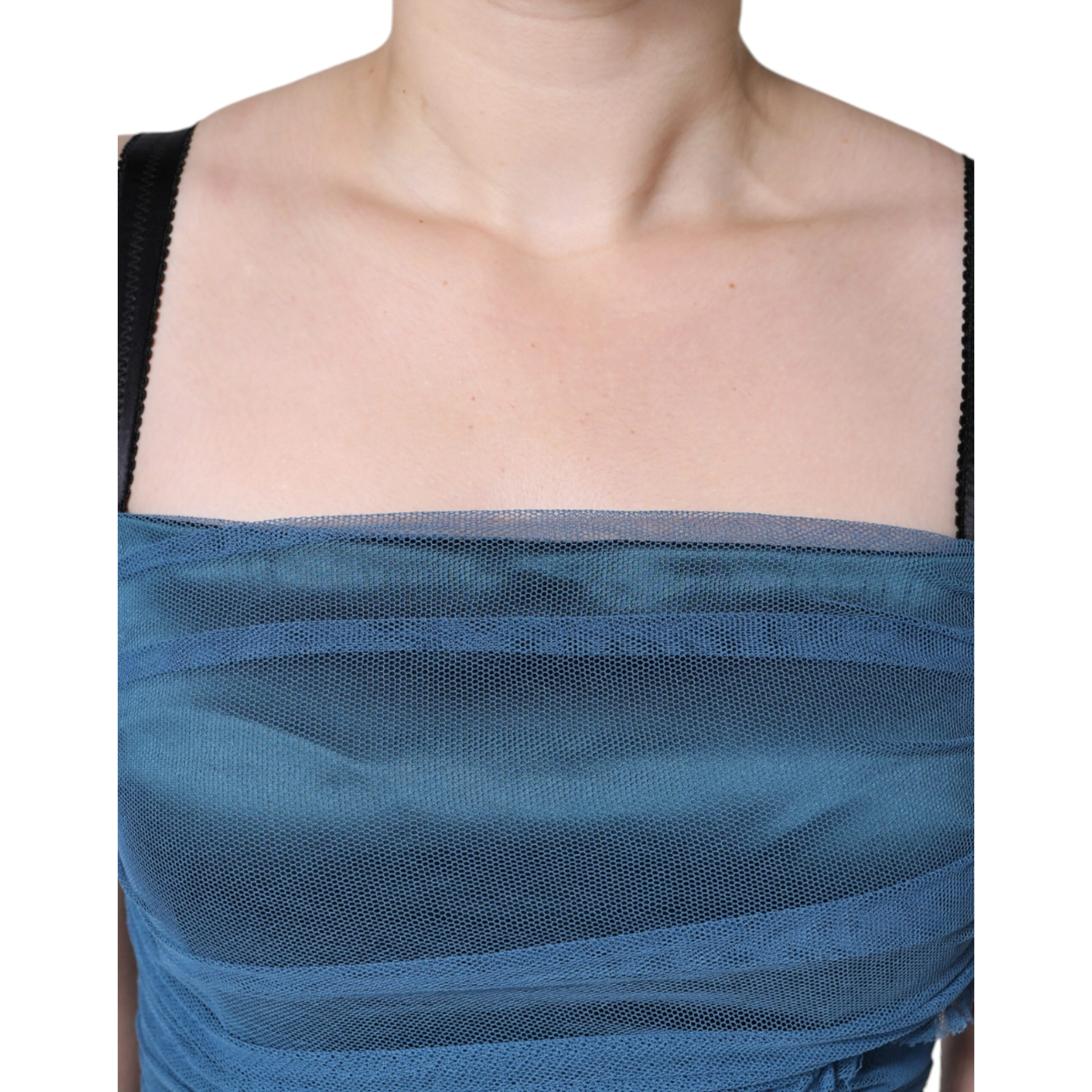 Blue Mesh Trim Ruched Tulle Sheath Dress