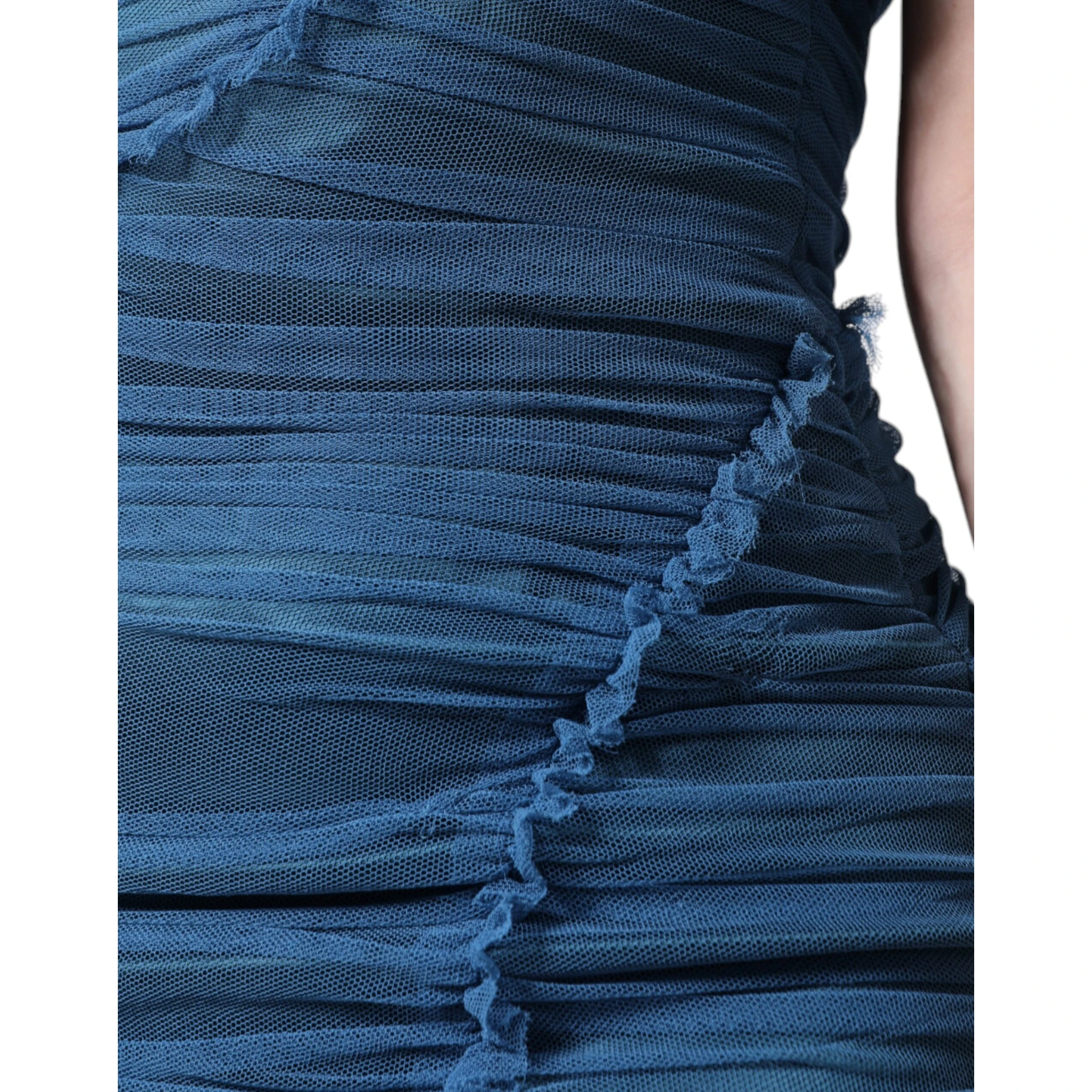Blue Mesh Trim Ruched Tulle Sheath Dress