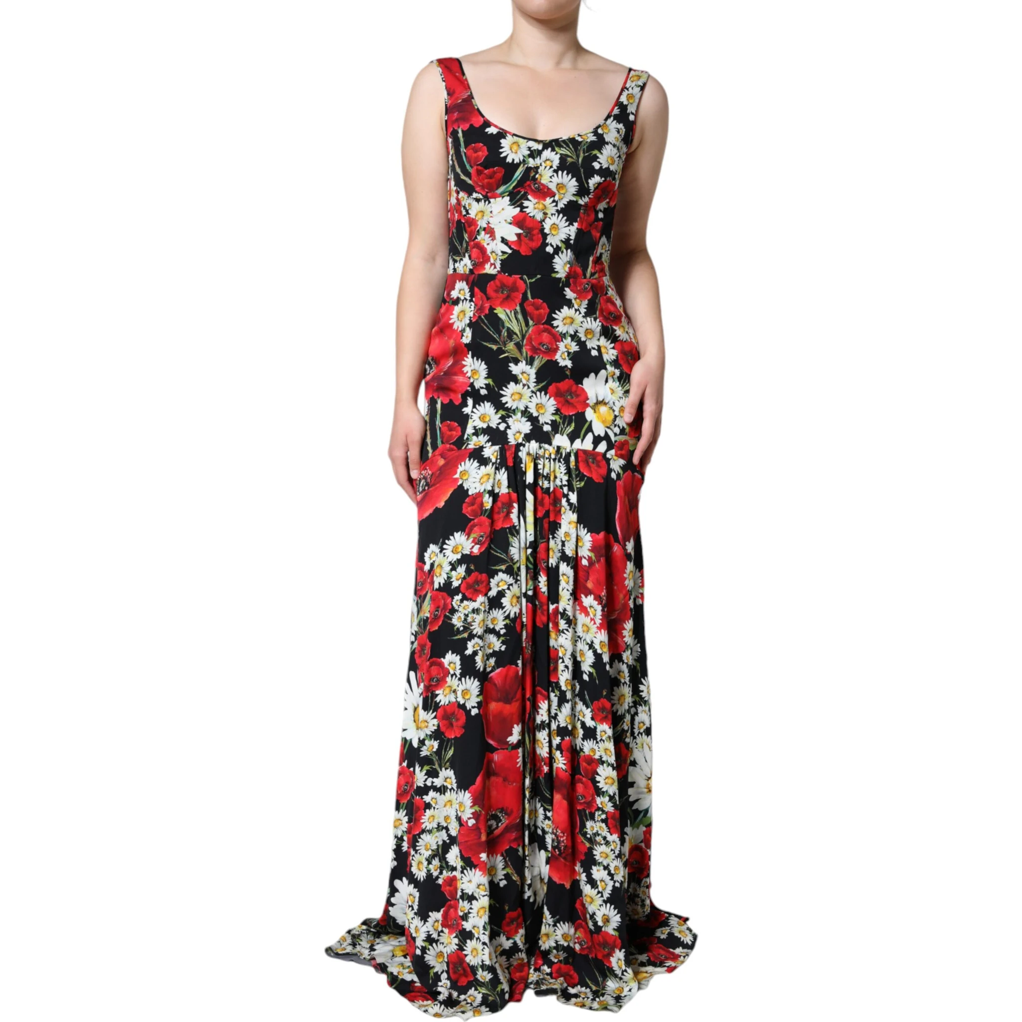 Black Floral Silk Sleeveless Long Gown Dress