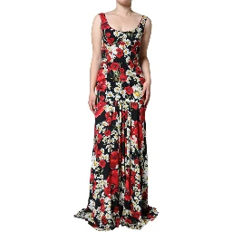 Black Floral Silk Sleeveless Long Gown Dress