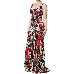 Black Floral Silk Sleeveless Long Gown Dress