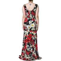 Black Floral Silk Sleeveless Long Gown Dress