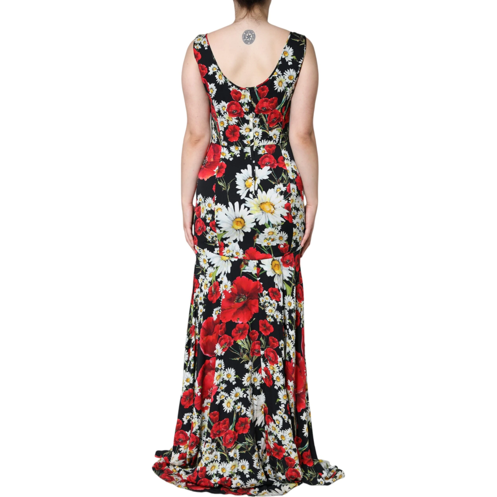 Black Floral Silk Sleeveless Long Gown Dress