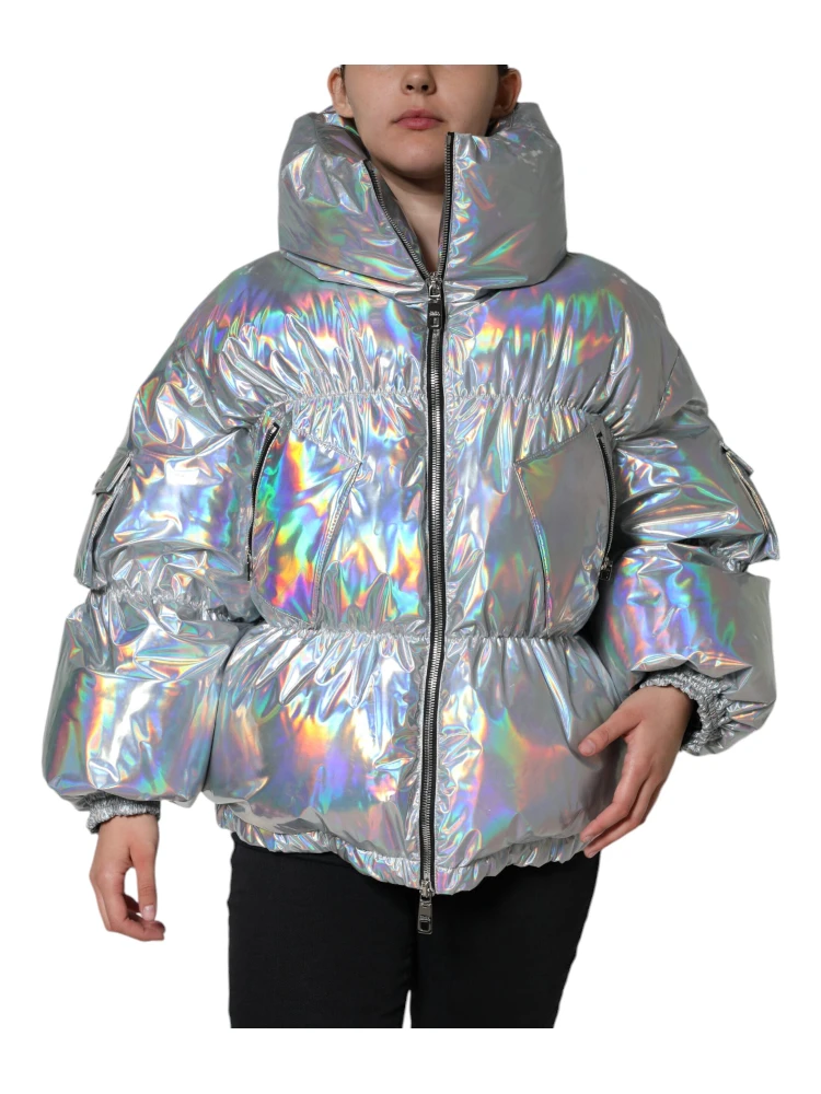 Silver Iridescent Puffer Full Zip Coat Jacket