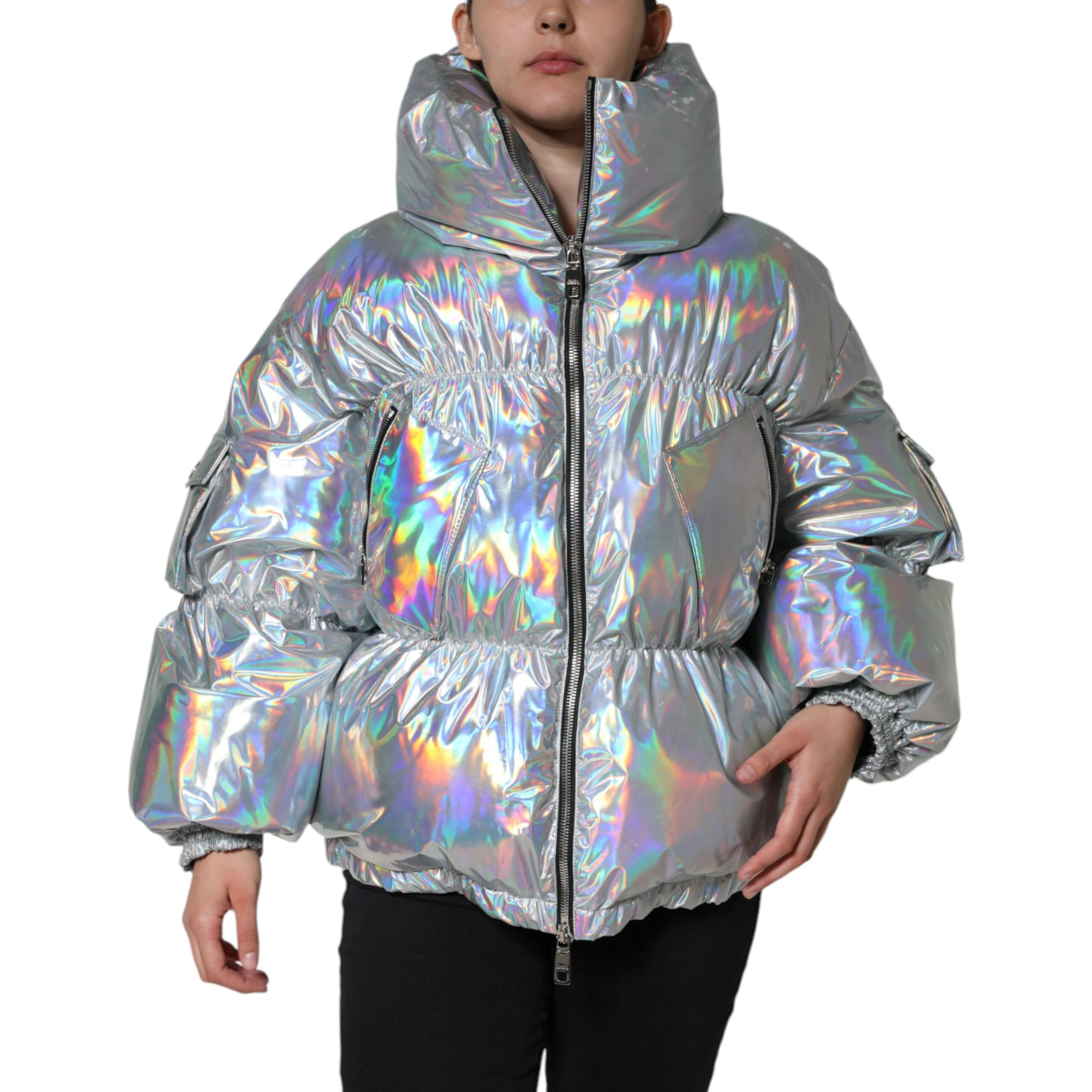 Silver Iridescent Puffer Full Zip Coat Jacket