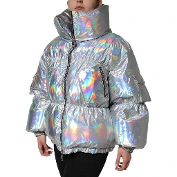 Silver Iridescent Puffer Full Zip Coat Jacket
