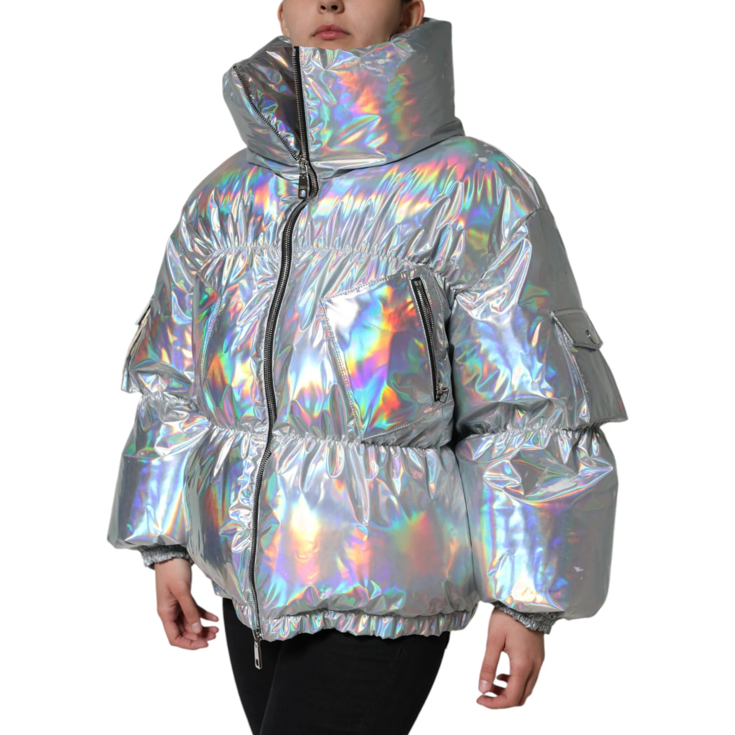 Silver Iridescent Puffer Full Zip Coat Jacket