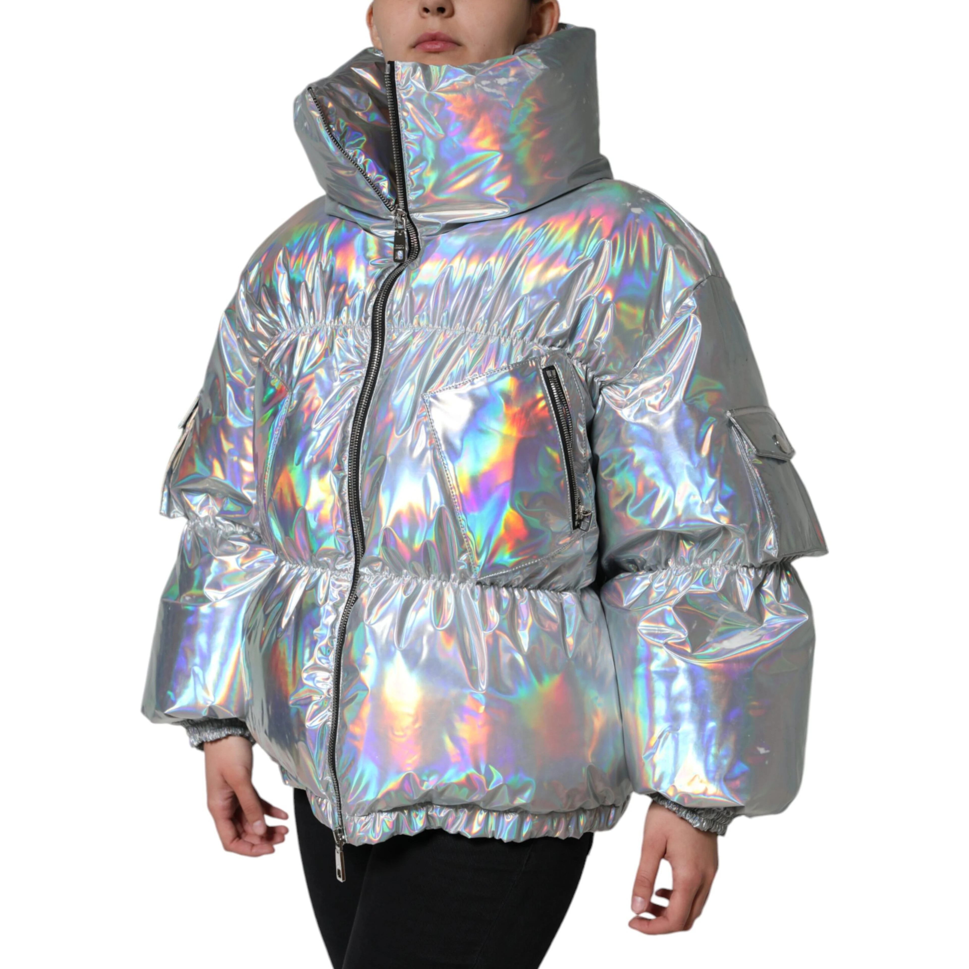 Silver Iridescent Puffer Full Zip Coat Jacket