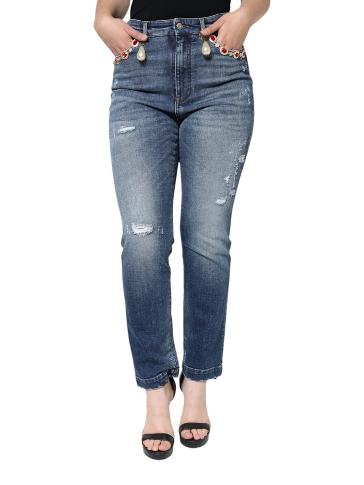 Dark Blue Cotton Tattered Skinny Denim Jeans